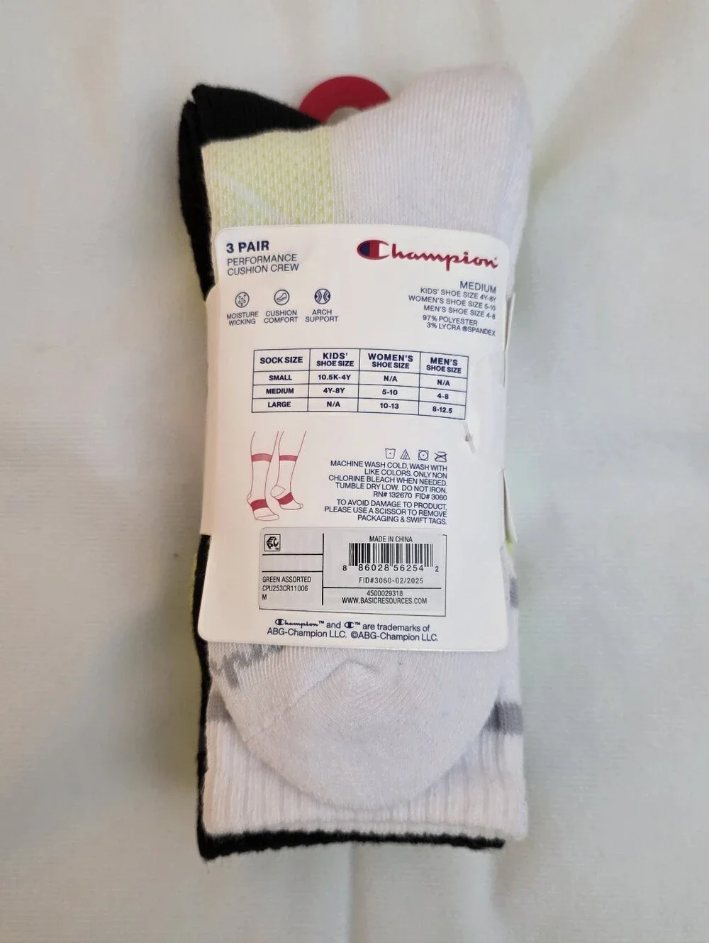 Champion Neon Yellow Crew Athletic Socks - 3 Pack